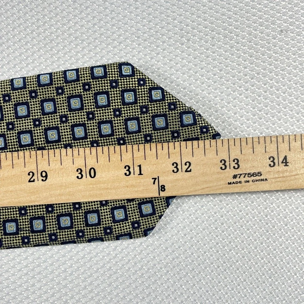 Bruno Piattelli Extra Long Silk Tie Gold Blue Geometric‎ Square Pattern USA Made